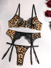 Stitched Leopard Print Sexy Lingerie 3 Piece Set MSL029