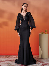 Black Embroidery Floor Length Puff Sleeve Dress DH80308