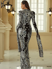 Stand Collar Long Sleeve Mermaid Sequin Prom Dress XJ1262