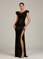Tatiana Black Ruffled Mesh Sequin Formal Dress