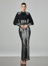 Silver Graphic Sequin Ballon Sleeve Prom Dress M00718