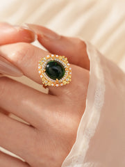 Vintage Emerald Green Crystal & Pearl Halo Ring MOZ1019
