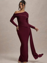 Slash Neck Ribbon Ruched Solid Prom Dress MYC2024