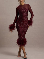 Venus Long Sleeve Feather Sequin Cocktail Dress