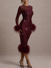 Venus Long Sleeve Feather Sequin Cocktail Dress