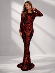Damask Red Sequin Mermaid Hem Prom Dress M0730