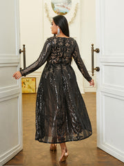 Plus V-neck Long Sleeve Sequin Dress PRJ10179