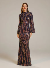 Long Sleeve Blue Maxi Sequin Formal Dress XJ1554