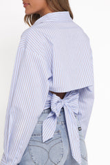 Vienne Tie Back Button Up Shirt - Blue/Brown Stripe