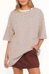 Wilda Oversized Tee - Cream Tan Stripe
