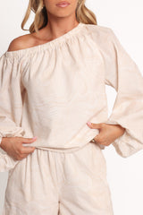 Zion Off Shoulder Long Sleeve Top - Tan Swirl