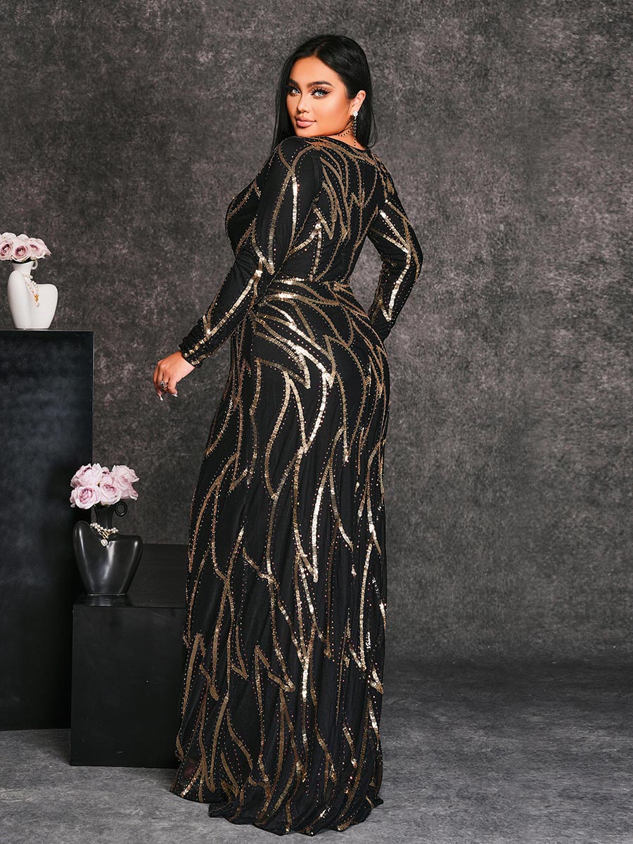 Long Sleeve Sequin A-Line Maxi Evening Dress XJ1962