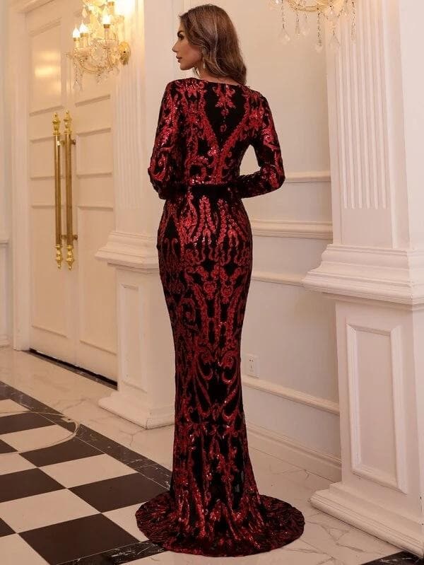 Damask Red Sequin Mermaid Hem Prom Dress M0730