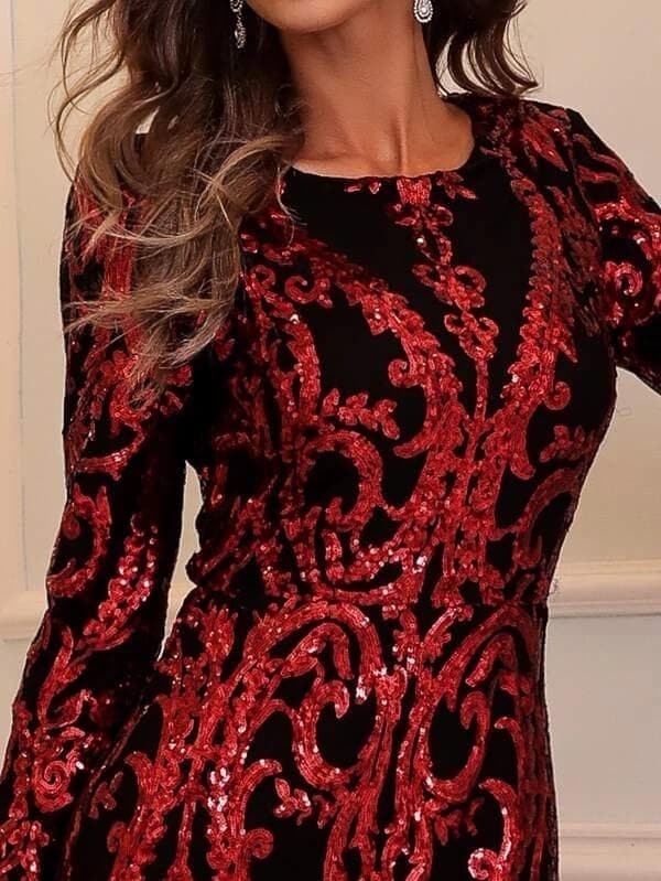Damask Red Sequin Mermaid Hem Prom Dress M0730