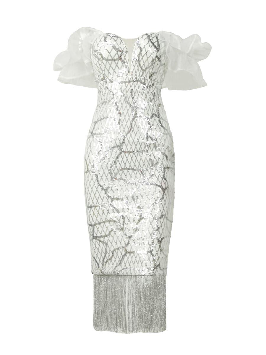 Off Shoulder Sequin Midi Cocktail Dress XJ1259