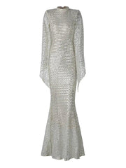 High Neck Sequin Bell Sleeve Mermaid Evening Dress XJ1263