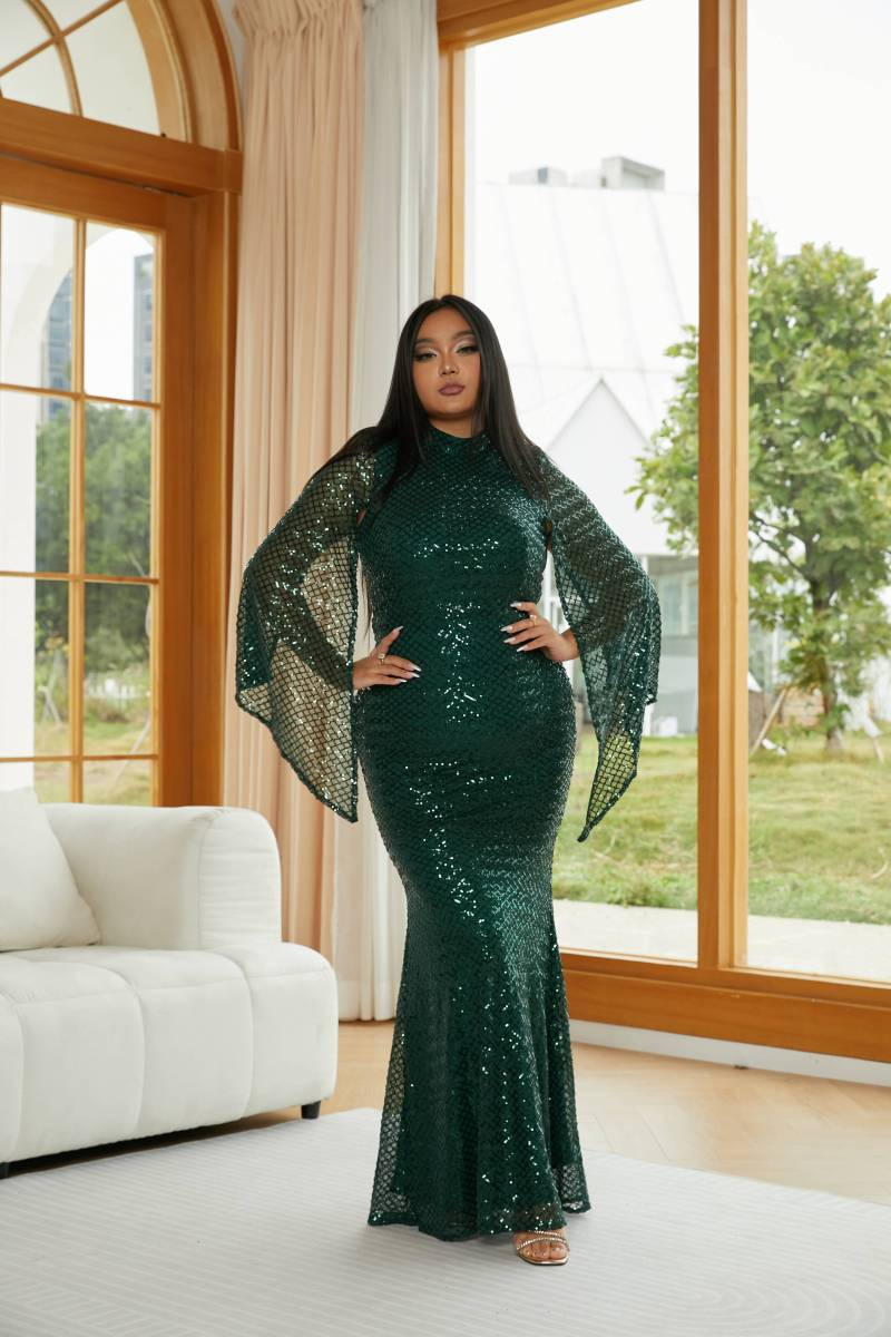 High Neck Sequin Bell Sleeve Mermaid Evening Dress XJ1263