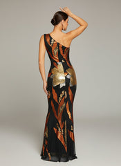 One Shoulder Floral Sequin Prom Dress RM20857