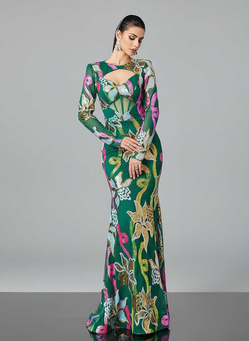 Long Sleeve Corset Cutout Floral Evening Dress DH80214