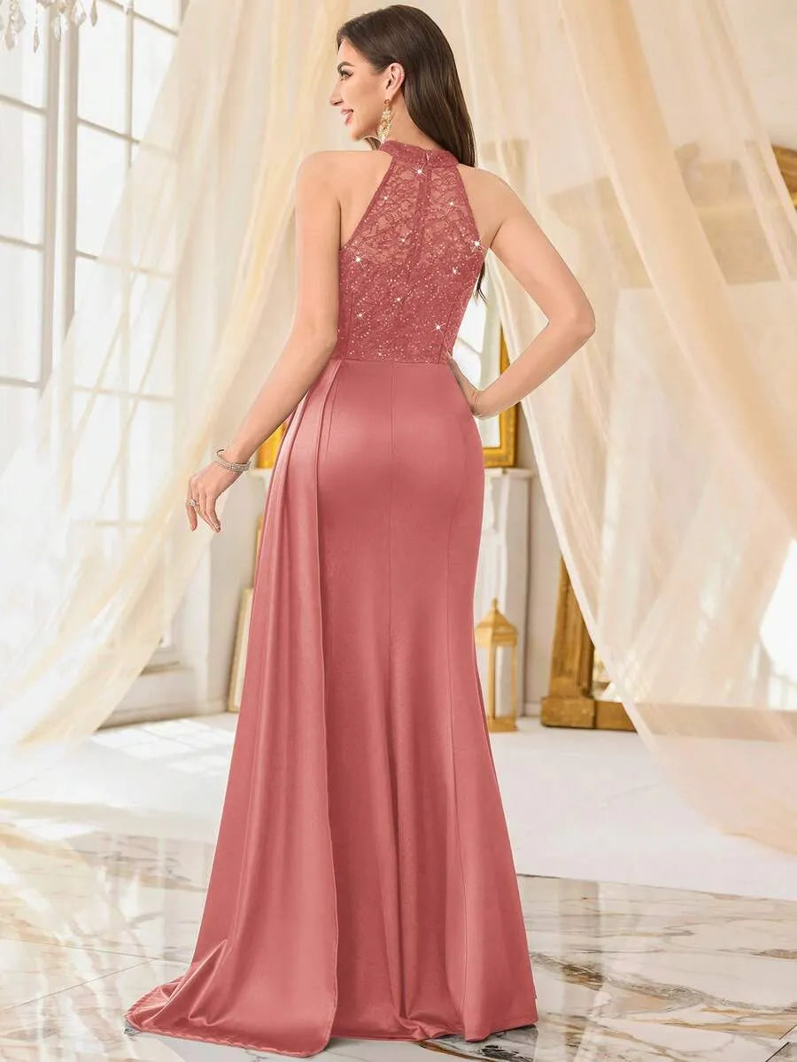 Halter Neck Sequin Lace Satin Draped Side Slit Maxi Evening Dress