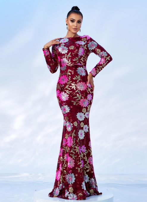 Crew Neck Floral Sequin Dress RJ10987