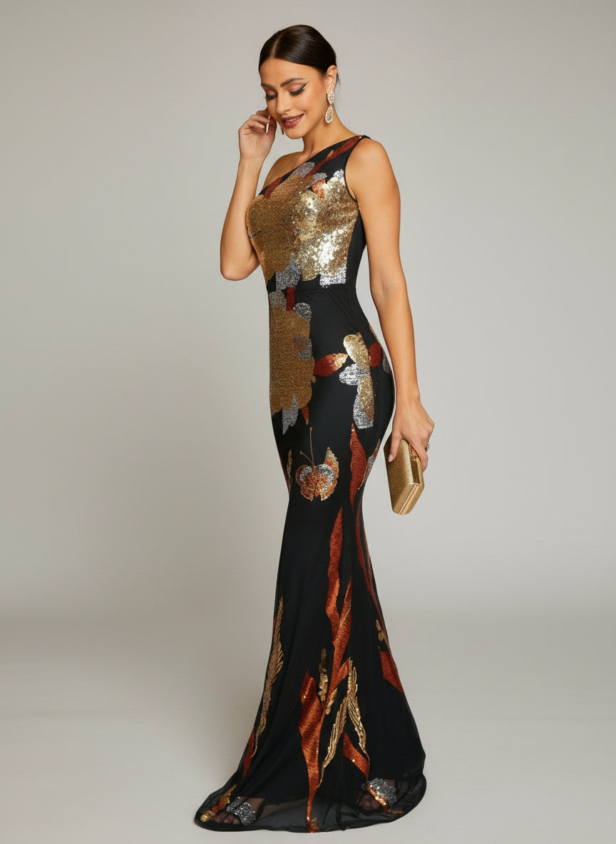 One Shoulder Floral Sequin Prom Dress RM20857