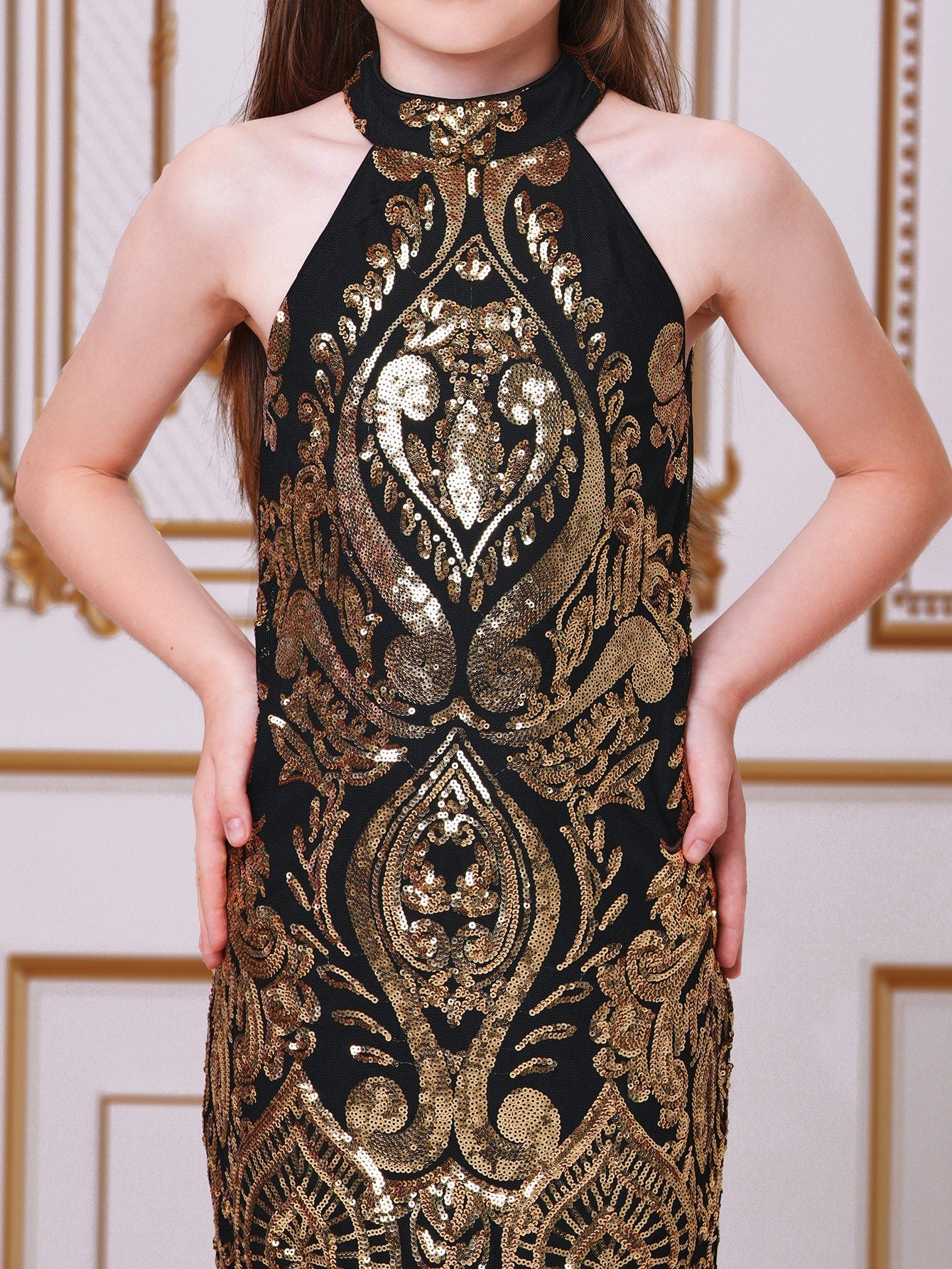 Halterneck Damask Sequin Bodycon Mini Dress FT19757