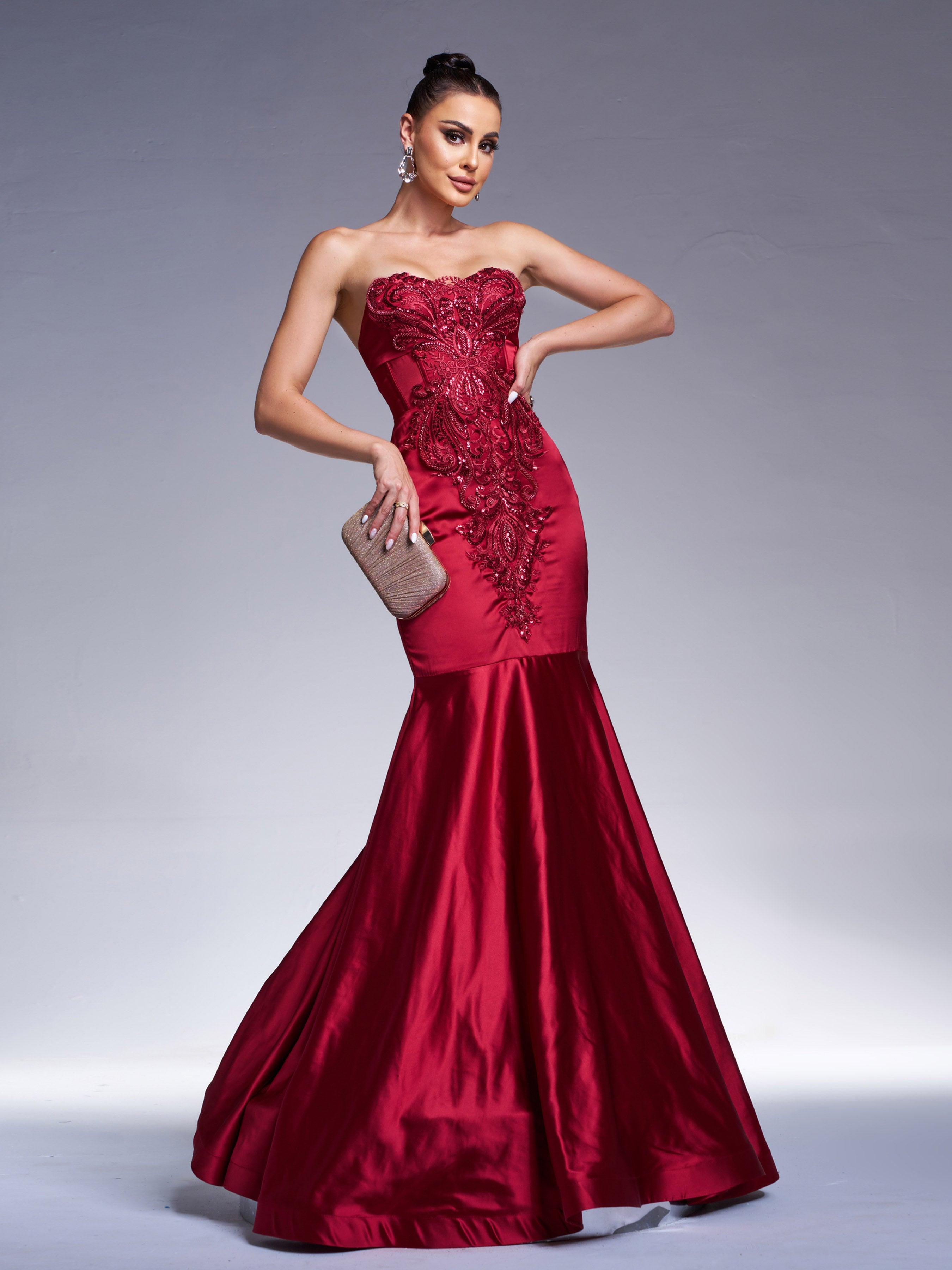 Red Strapless Embroidered Mermaid Evening Dress RX70101