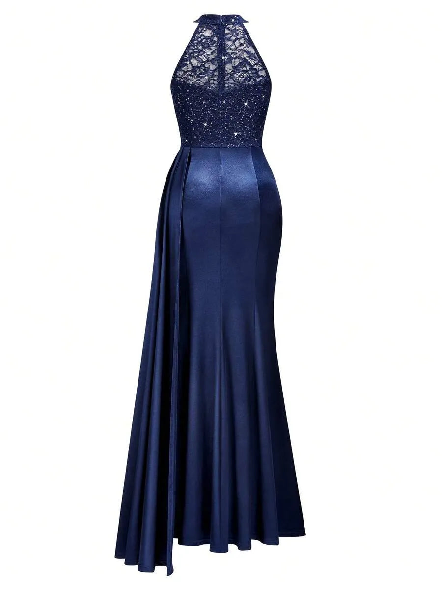 Halter Neck Sequin Lace Satin Draped Side Slit Maxi Evening Dress