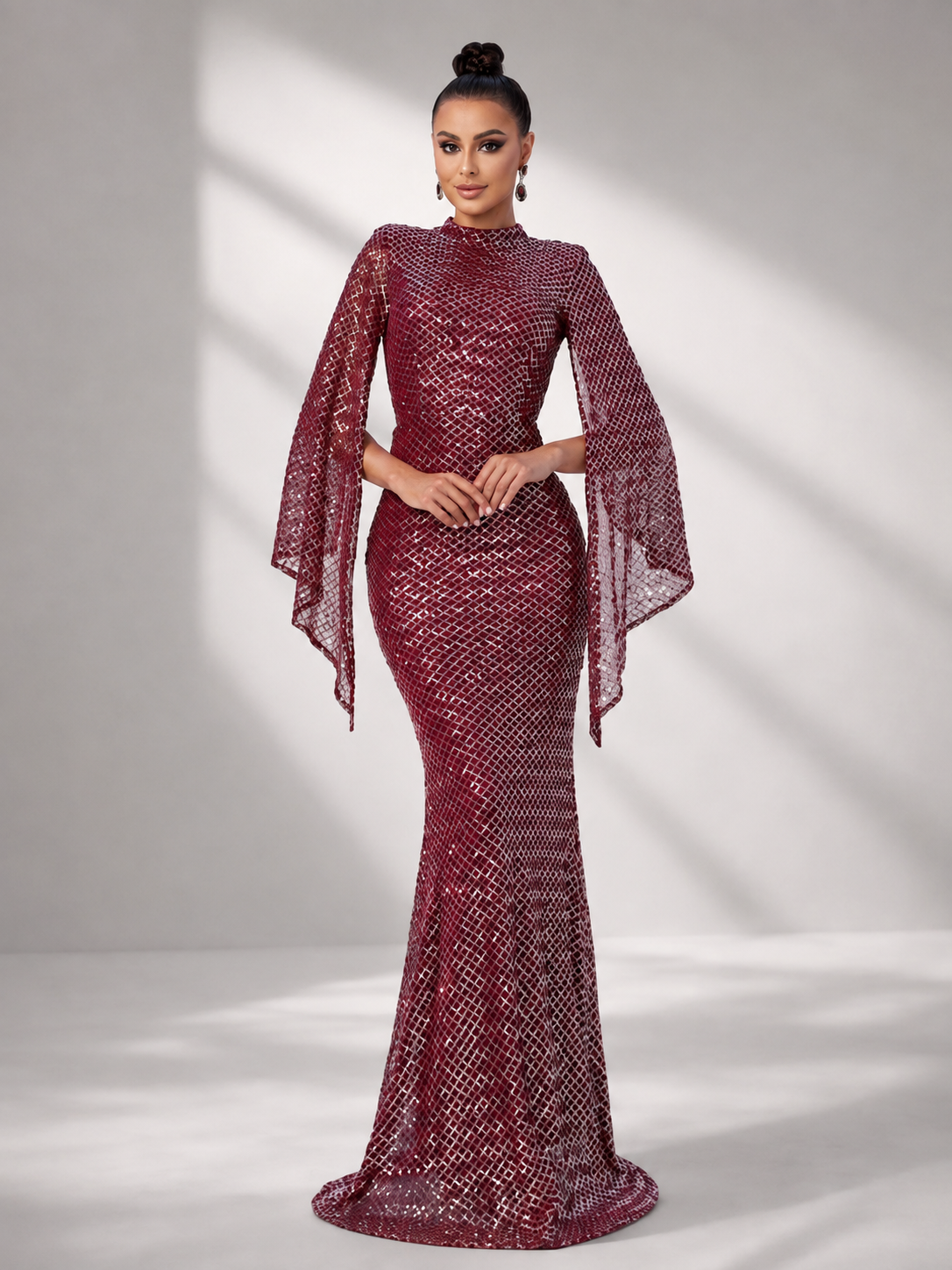 High Neck Sequin Bell Sleeve Mermaid Evening Dress XJ1263