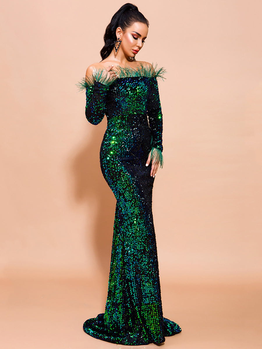Off Shoulder Feather Sequin Evening Dress FT19005