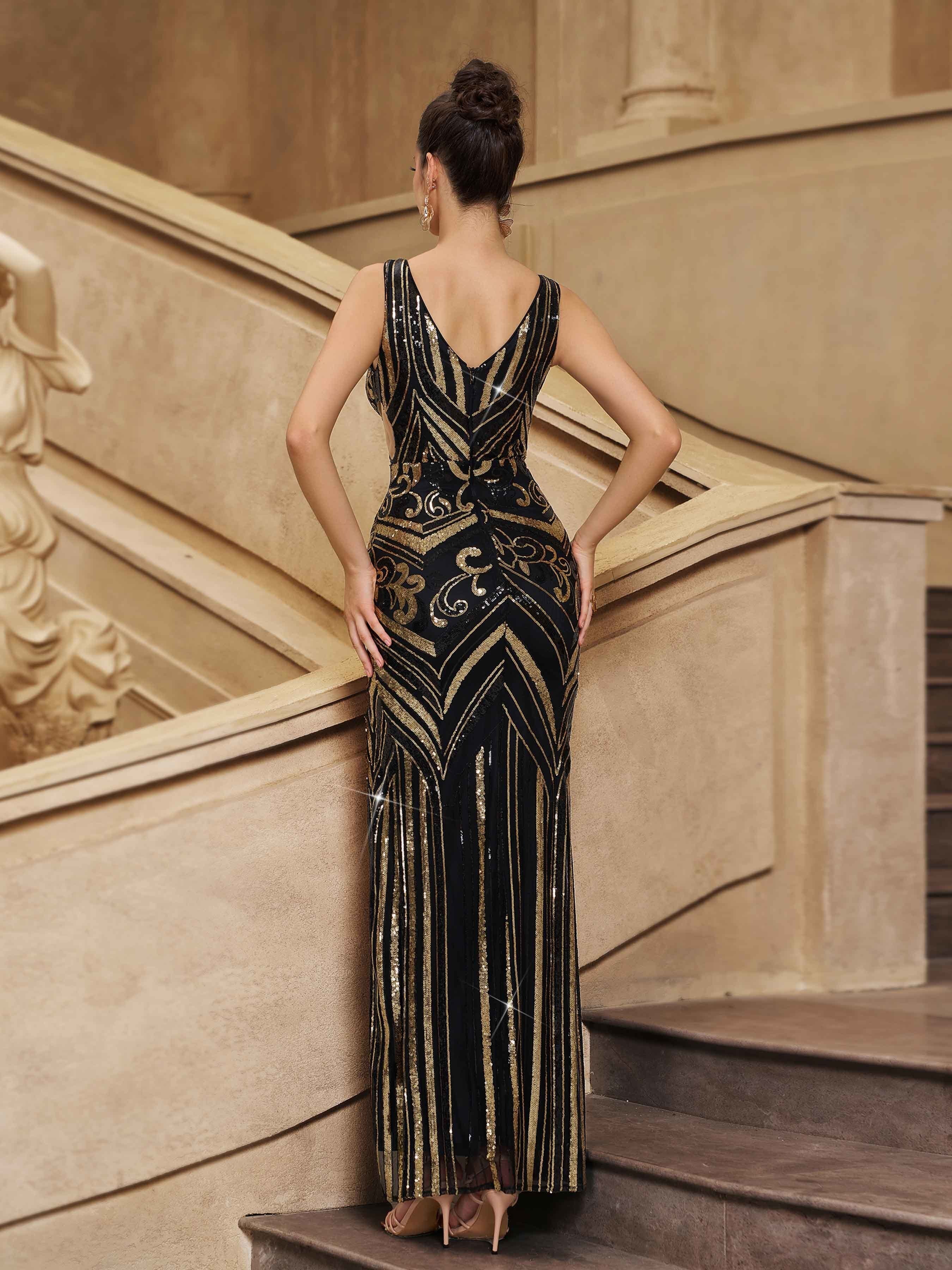 Gold Sequin Graphic Split Cocktail Dress GM00930