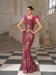 Sequin Ruffle-Sleeve Mermaid Formal Dress GM010125