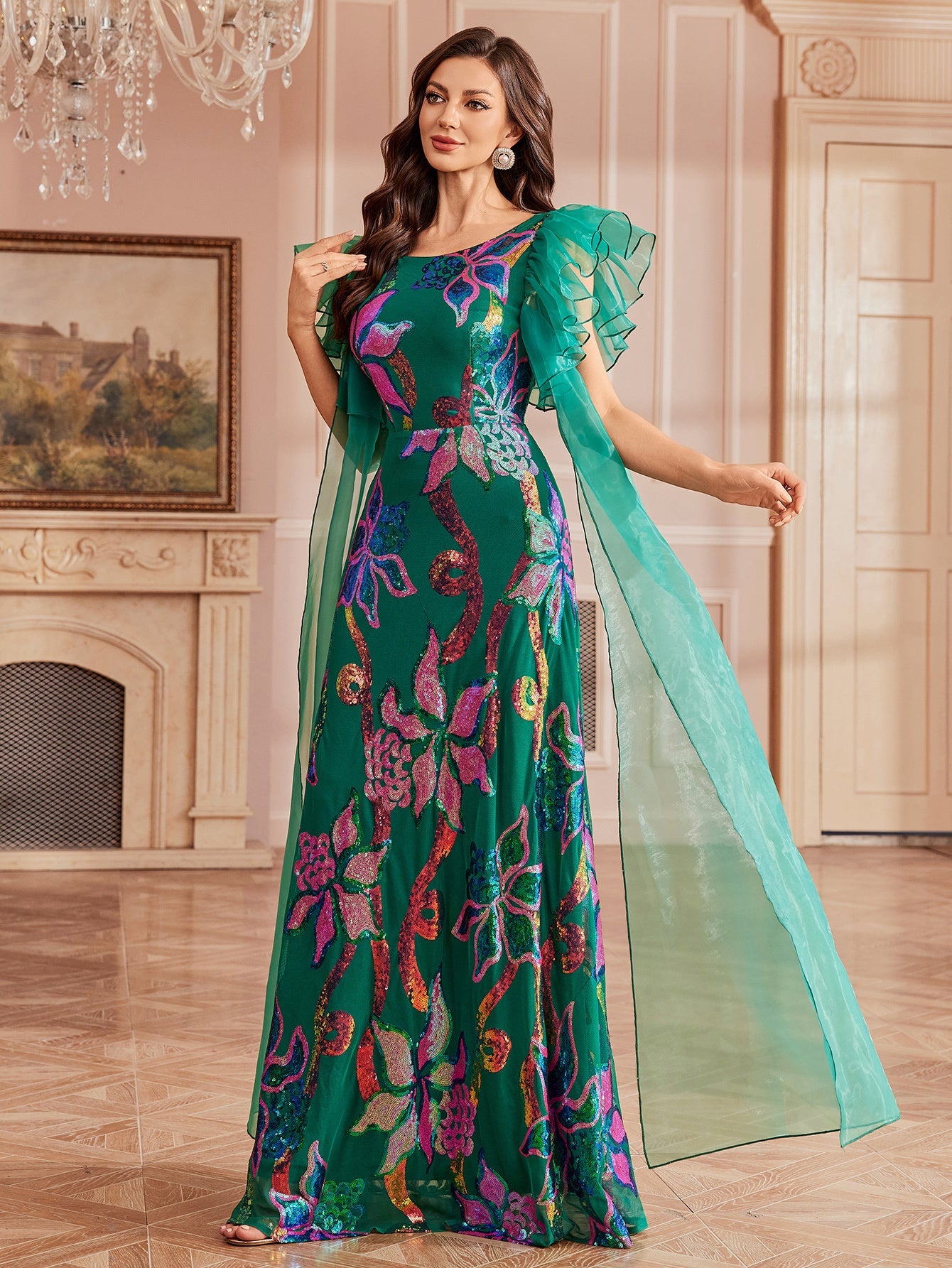 Green Floral Sequin Ruffled Mesh Prom Dress GM0122