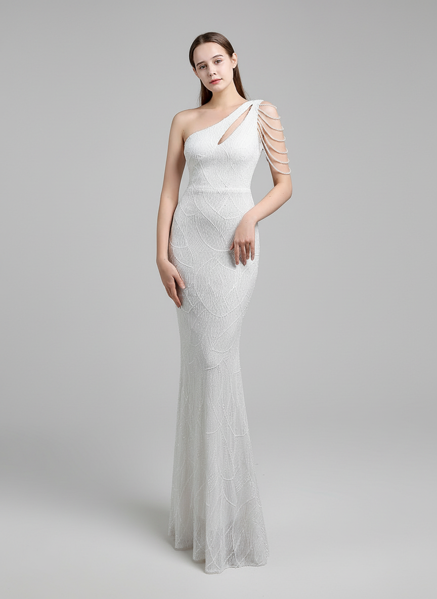 One Shoulder Cutout Sequin Chain Bridal Dress M01960