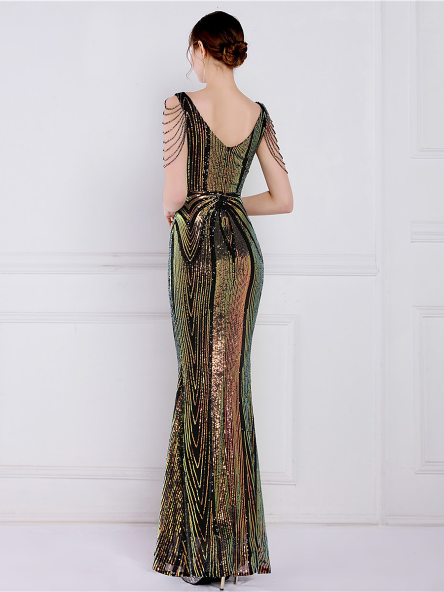 V Neck Elegant Multicolor Maxi Sequin Prom Dress M02092