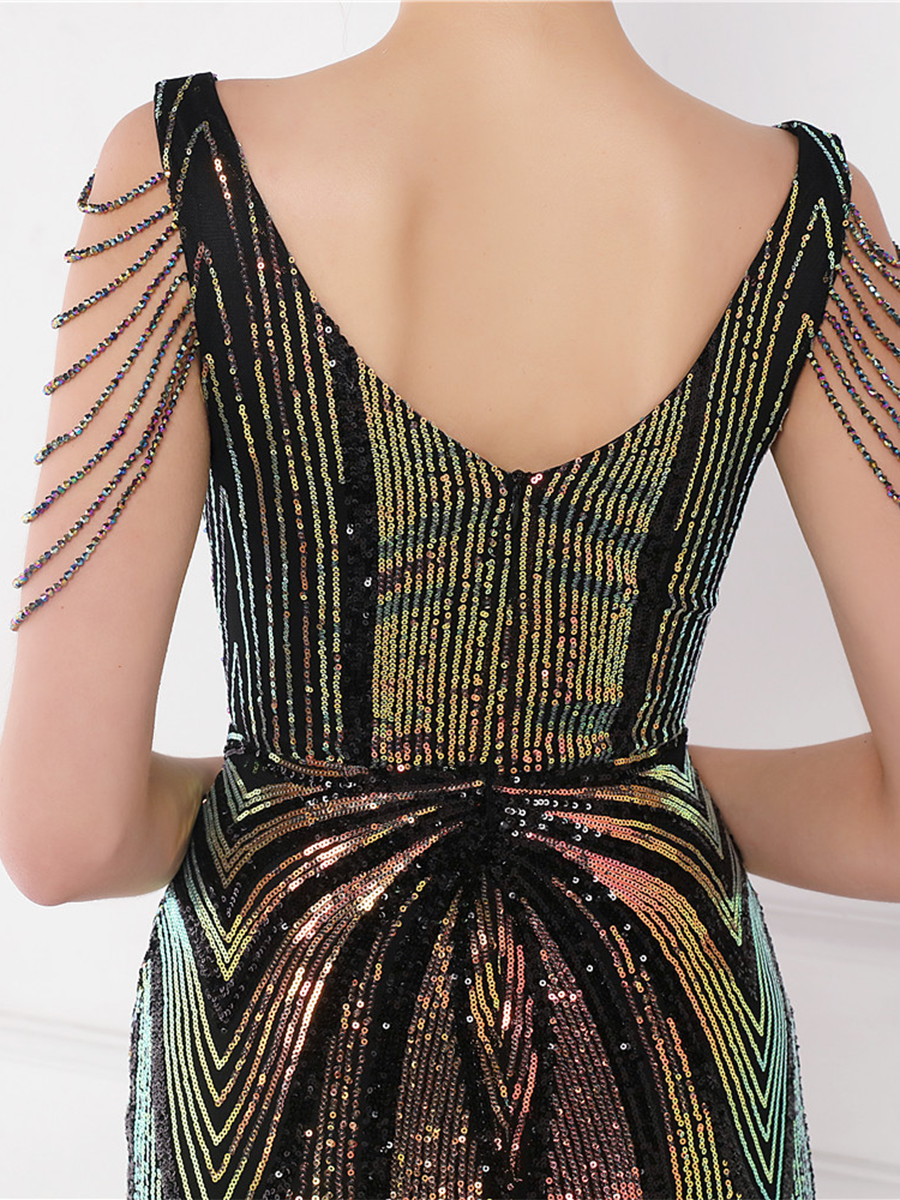 V Neck Elegant Multicolor Maxi Sequin Prom Dress M02092