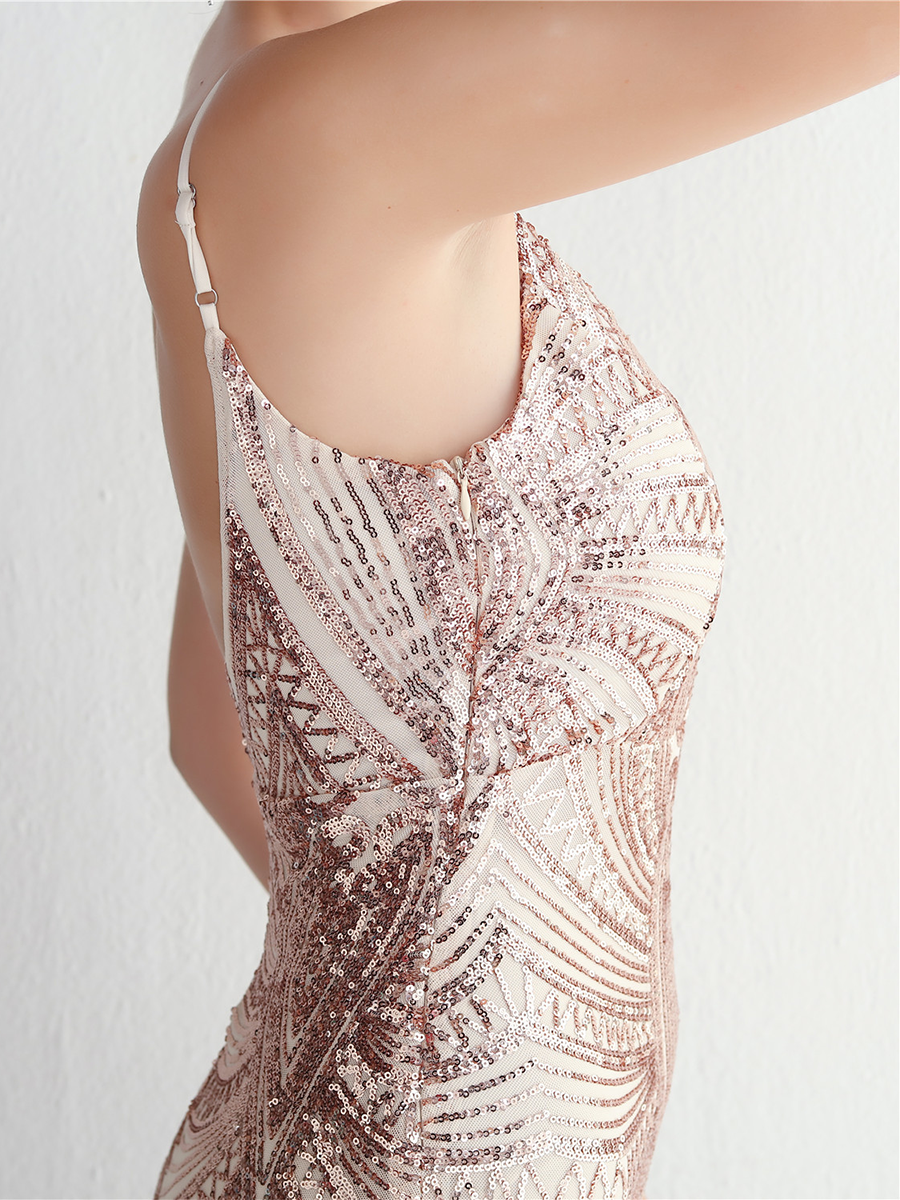 Formal Deep V Neck Spaghetti Sequin Evening Gown M02188