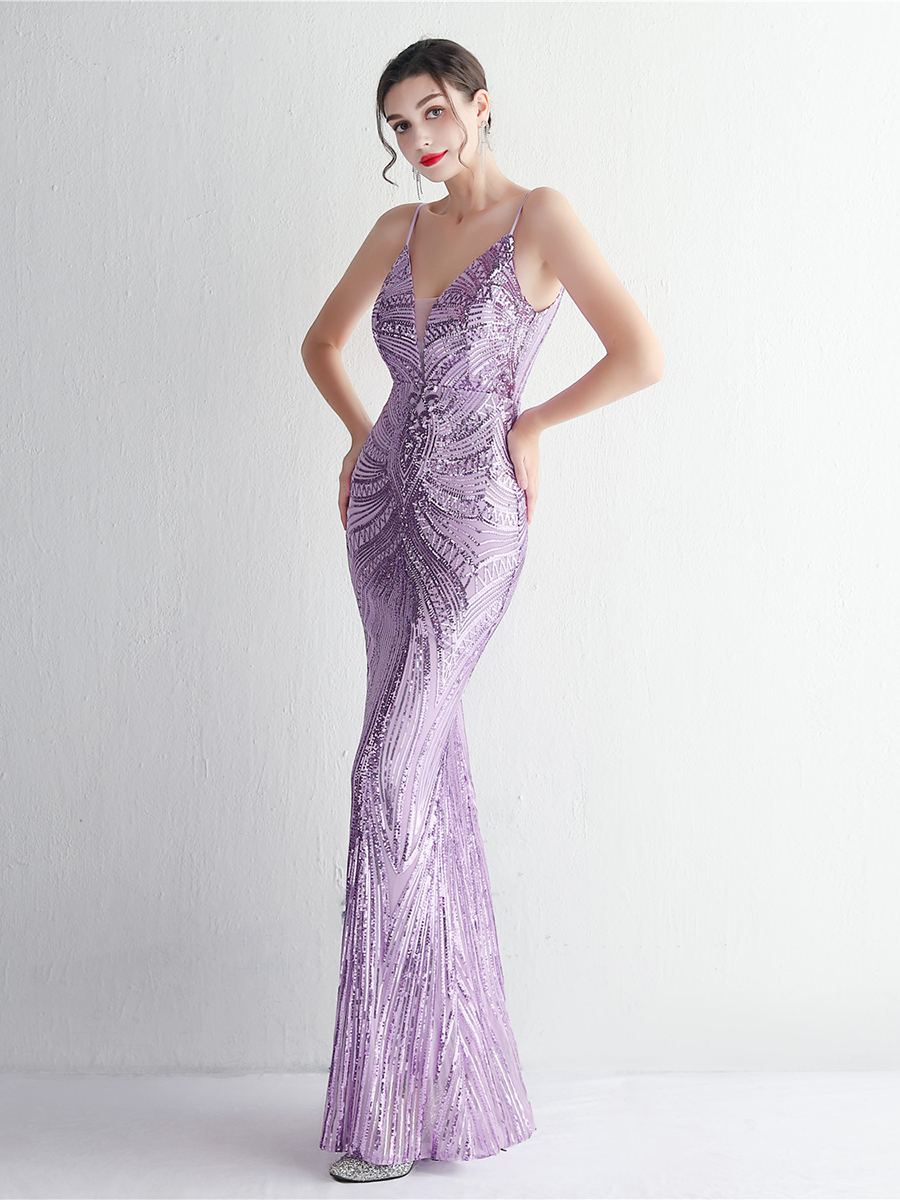 Formal Deep V Neck Spaghetti Sequin Evening Gown M02188