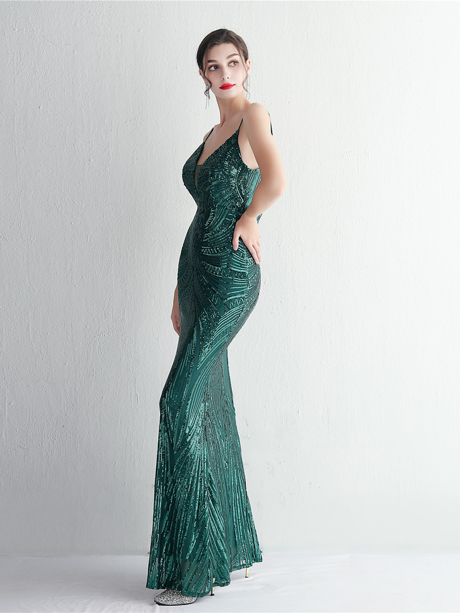 Formal Deep V Neck Spaghetti Sequin Evening Gown M02188