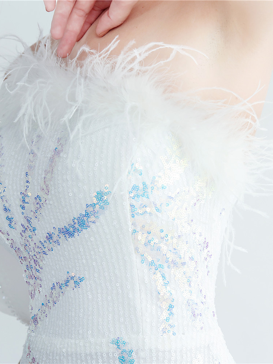Elegant Feather Trim Sequin One-Shoulder Formal Dress M02324