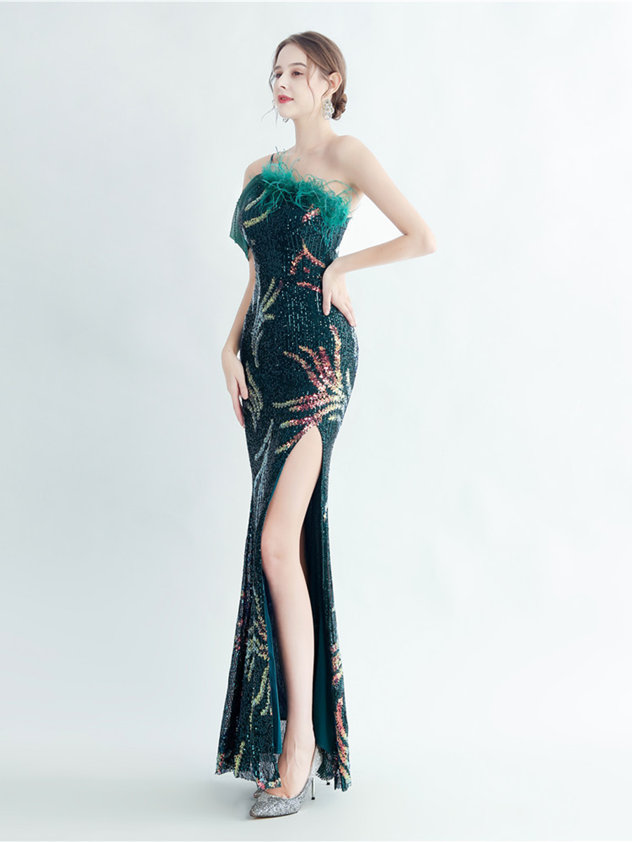 Elegant Feather Trim Sequin One-Shoulder Formal Dress M02324