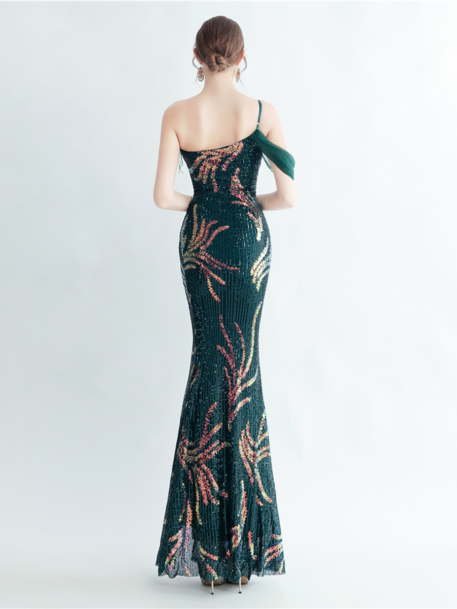 Elegant Feather Trim Sequin One-Shoulder Formal Dress M02324