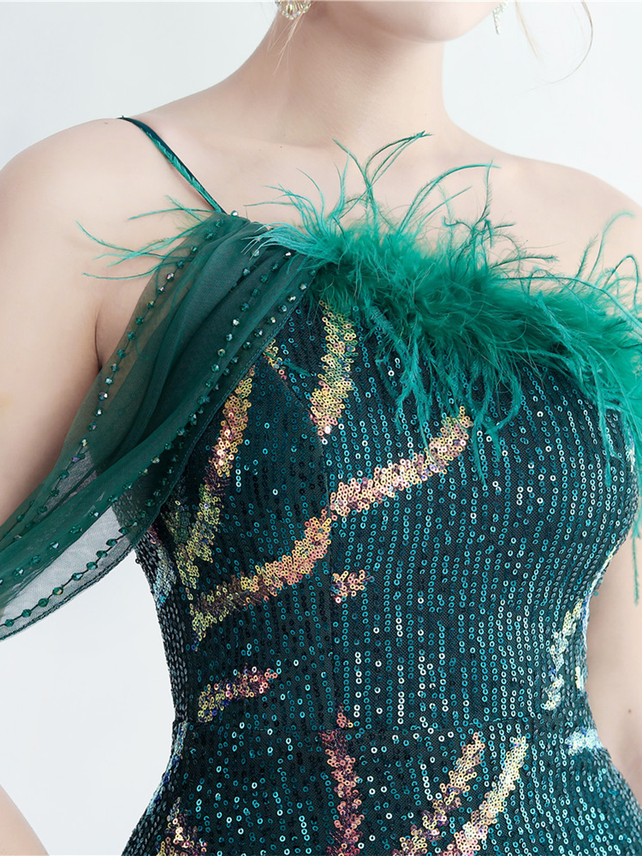 Elegant Feather Trim Sequin One-Shoulder Formal Dress M02324