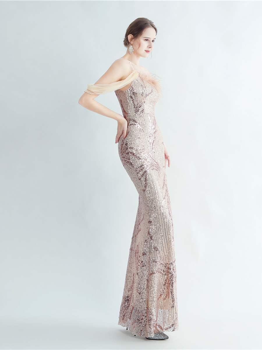 Elegant Feather Trim Sequin One-Shoulder Formal Dress M02324