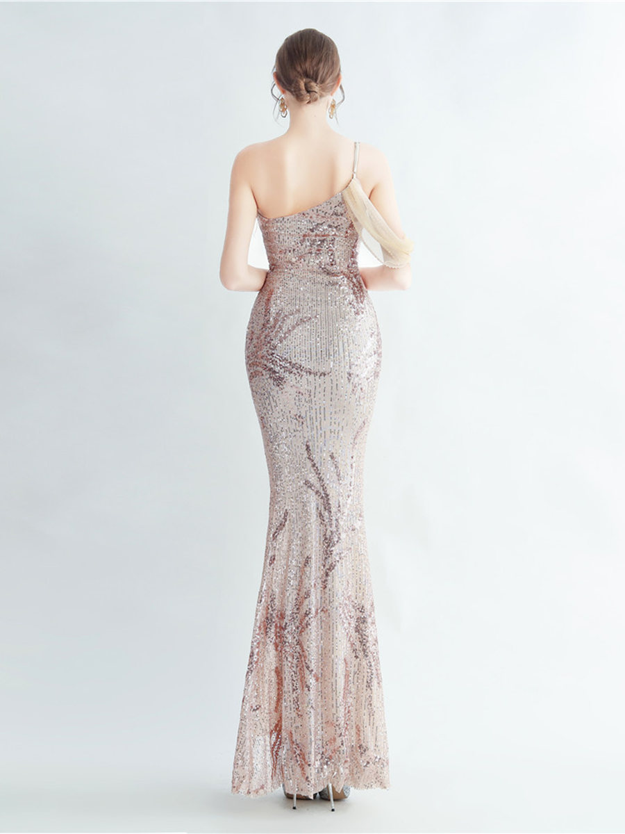 Elegant Feather Trim Sequin One-Shoulder Formal Dress M02324