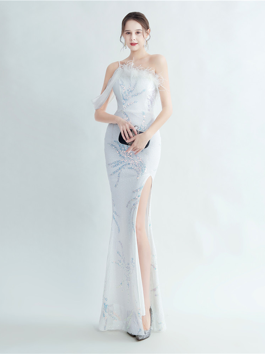Elegant Feather Trim Sequin One-Shoulder Formal Dress M02324