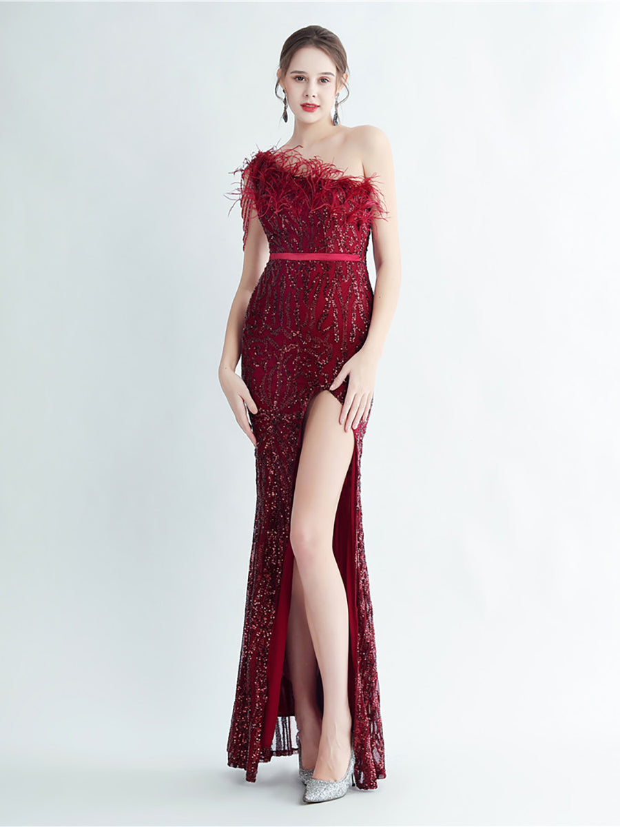 One Shoulder Feather Beads Chain Sequin Black Prom Dress M02337