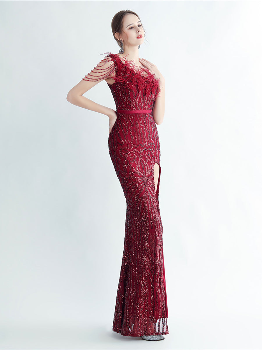 One Shoulder Feather Beads Chain Sequin Black Prom Dress M02337