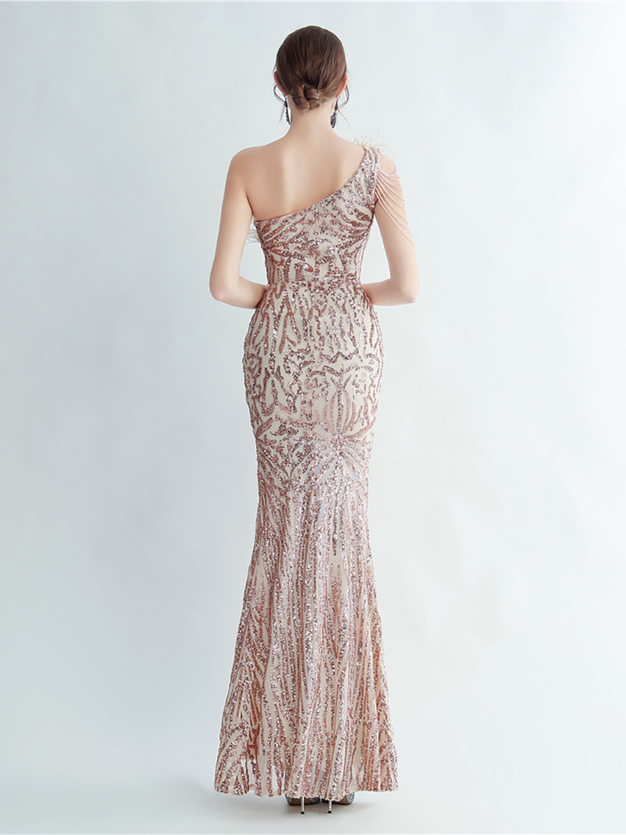 One Shoulder Feather Beads Chain Sequin Black Prom Dress M02337
